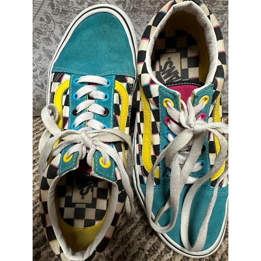 Vans Old Skool Sneakers Checkerboard Suede Teal Yellow Pink Women's 7.5 Men 6